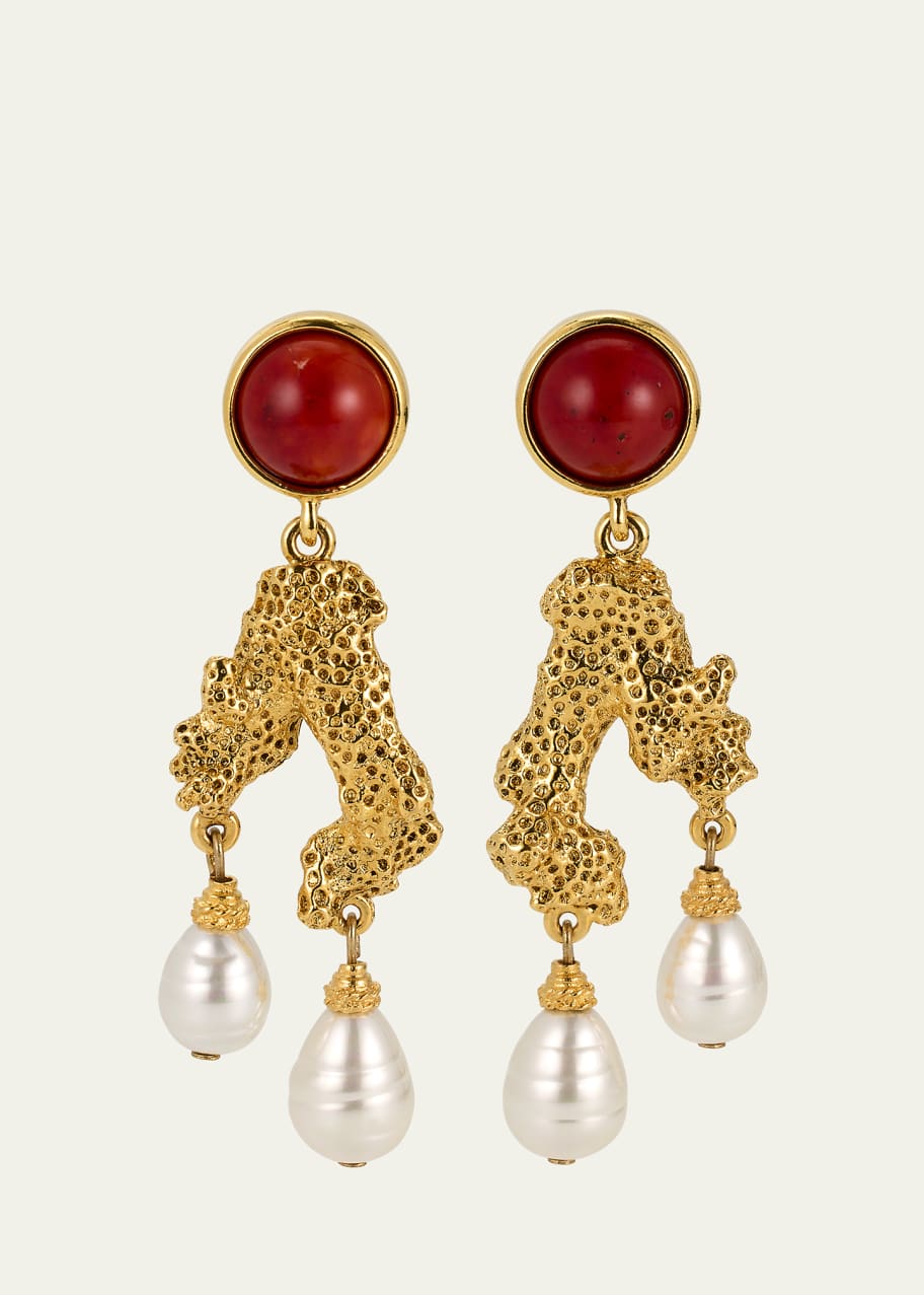 Image 1 of 1: Coral Post Earrings with Pearly Drops