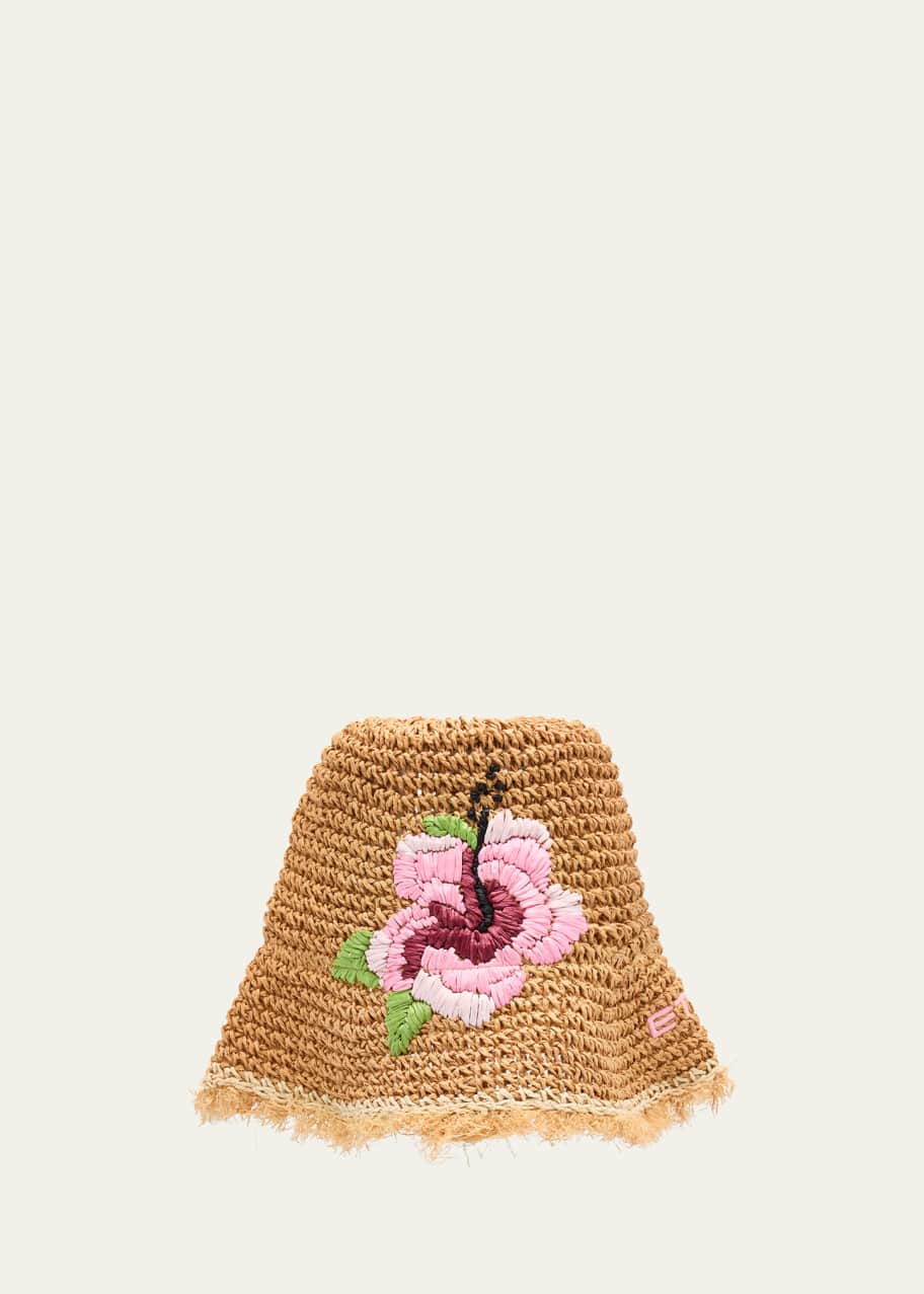 Image 1 of 1: Floral Embroidered Logo Paper Straw Bucket Hat
