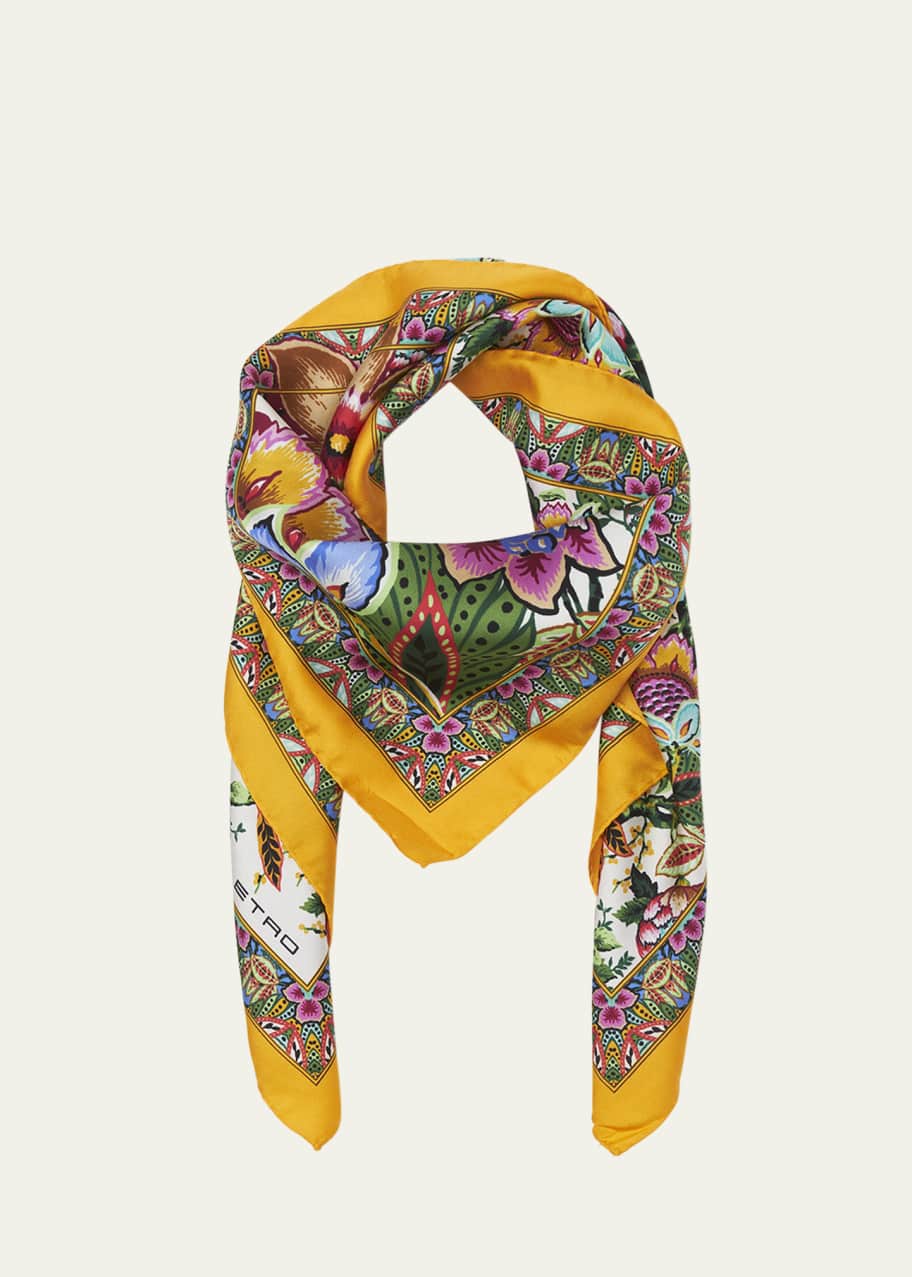 Image 1 of 1: Floral Bordered Silk Scarf