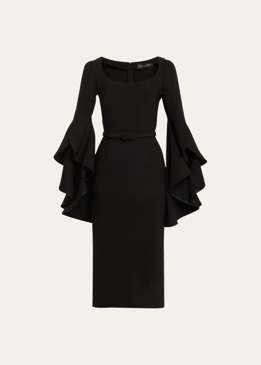 Oscar de la Renta Scoop-Neck Ruffle 3/4-Sleeve Belted Crepe Midi Dress -  Bergdorf Goodman
