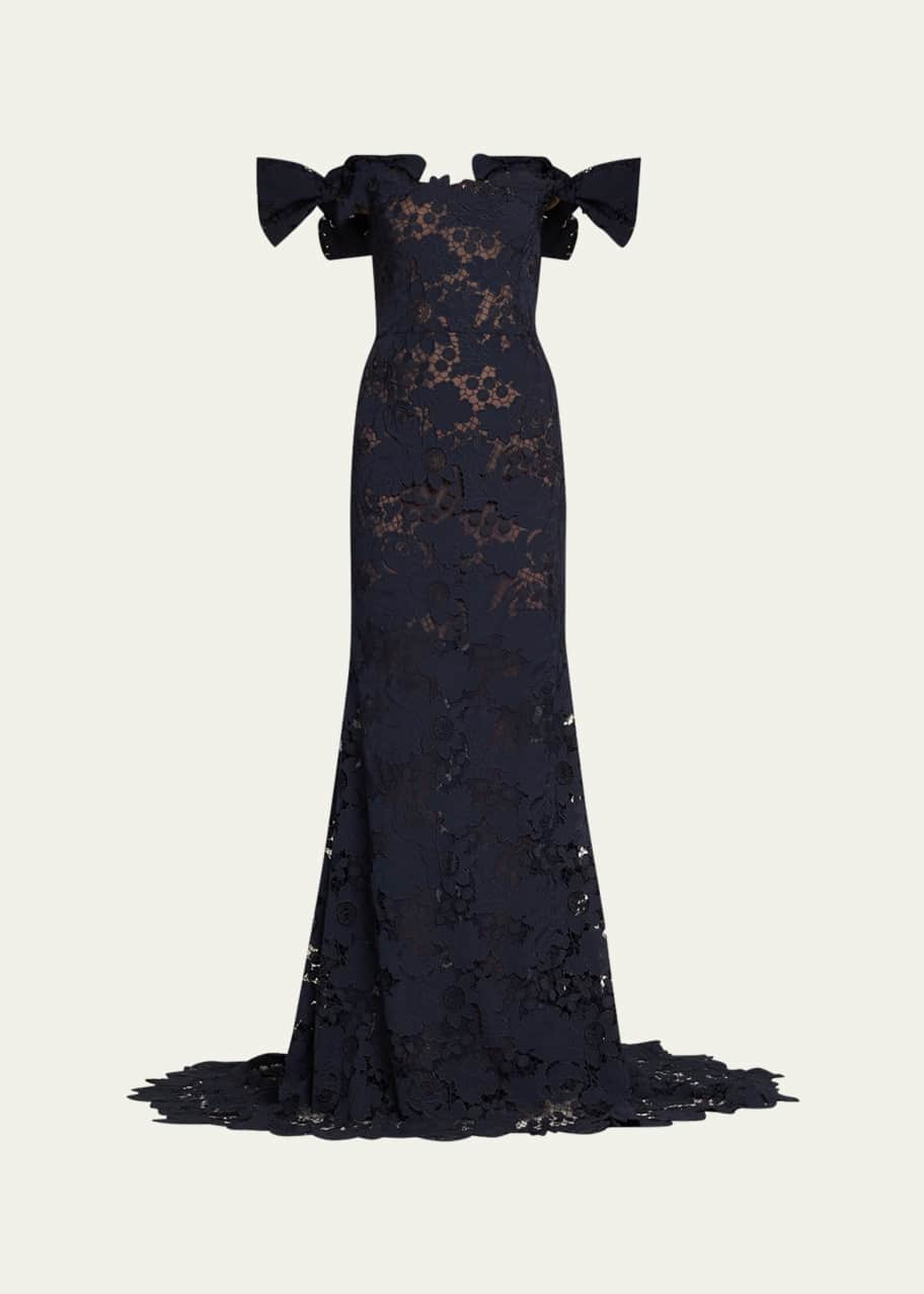 Image 1 of 1: Botanical Guipure Bow Off-The-Shoulder Trumpet Gown