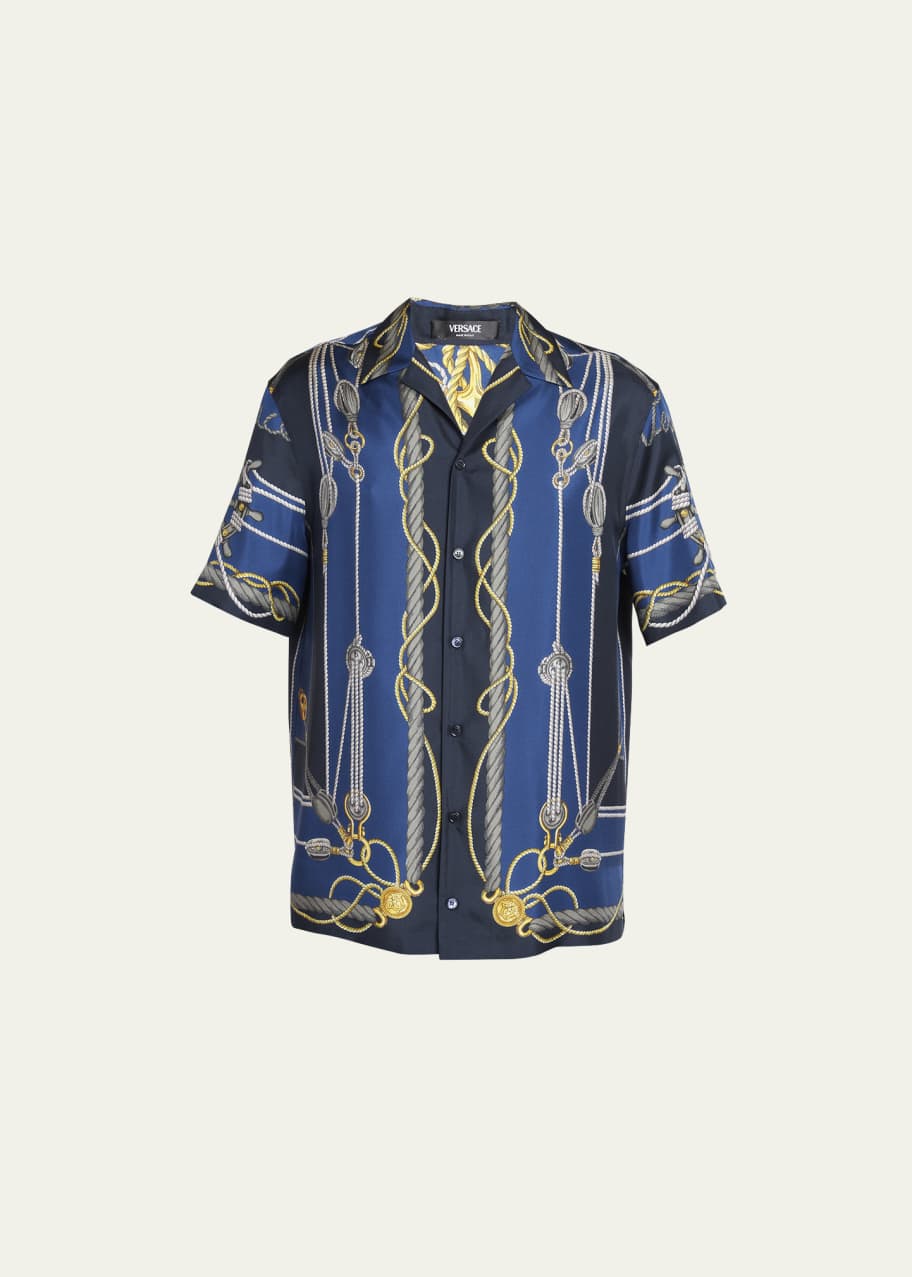 Men s Nautical Print Silk Short Sleeve Shirt