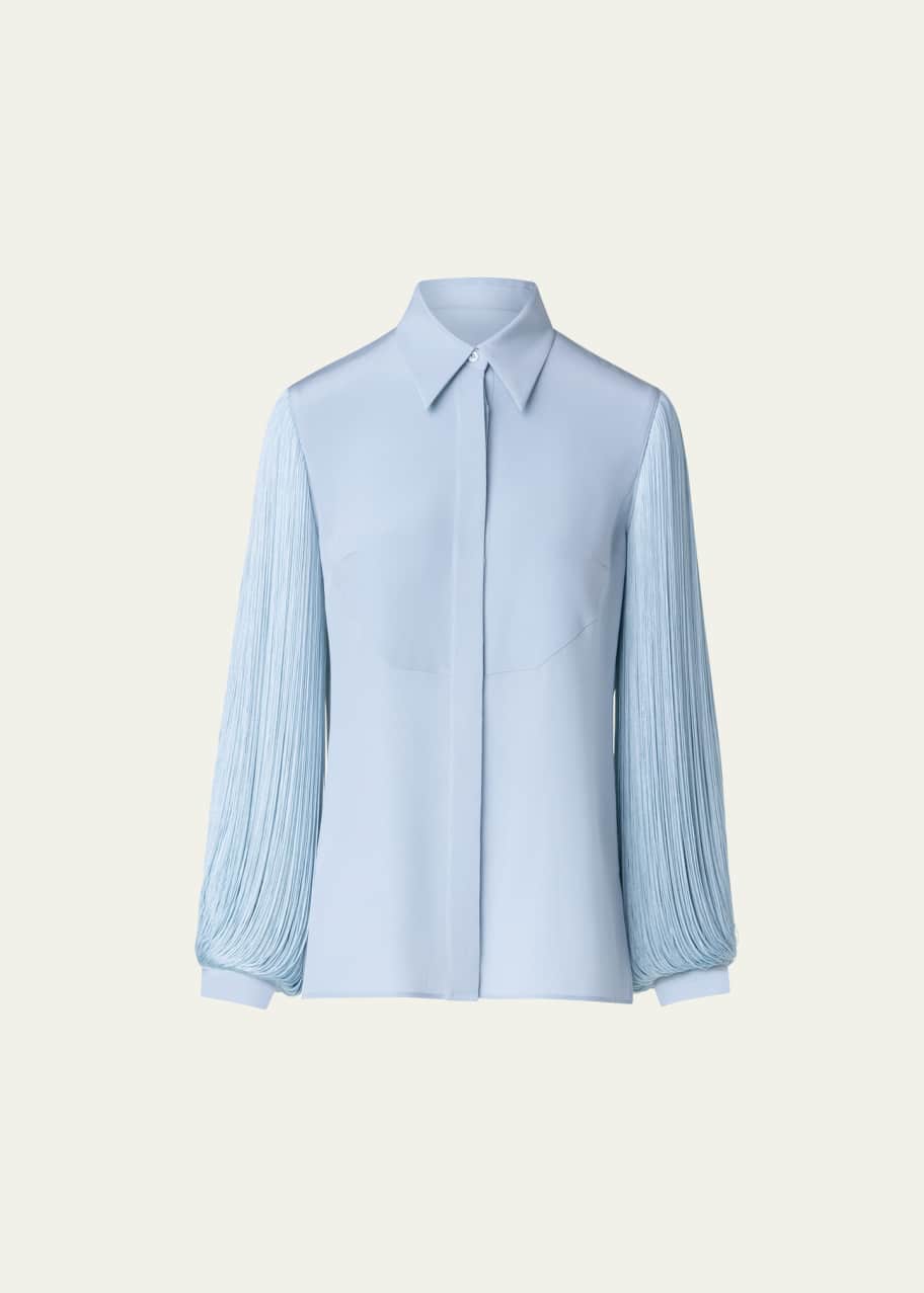 Image 1 of 1: Silk Crepe Button-Front Blouse with Fringe Sleeves