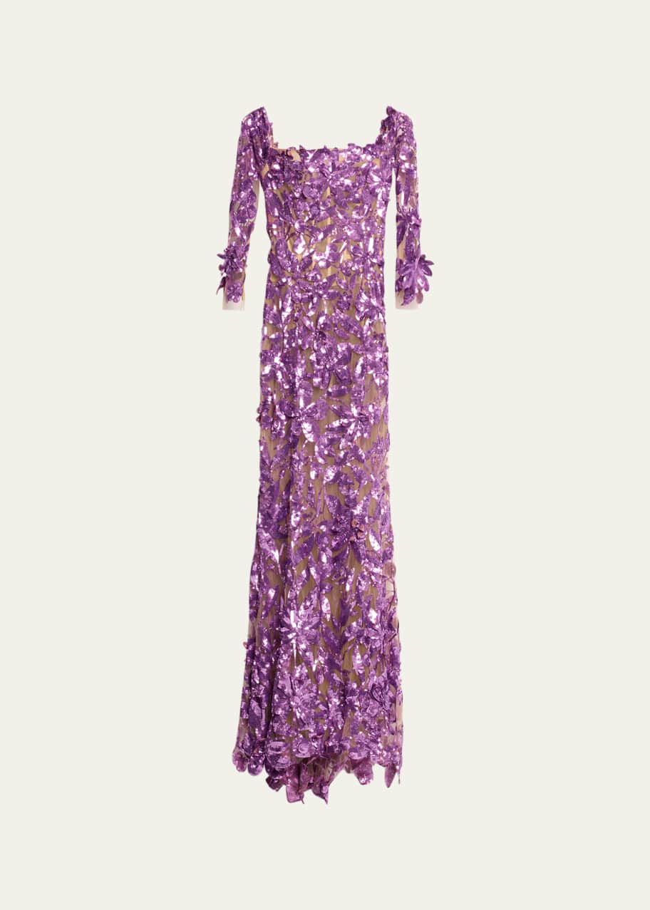 Oscar de la Renta Sequin Floral Off-The-Shoulder Long-Sleeve Mermaid Gown -  Bergdorf Goodman
