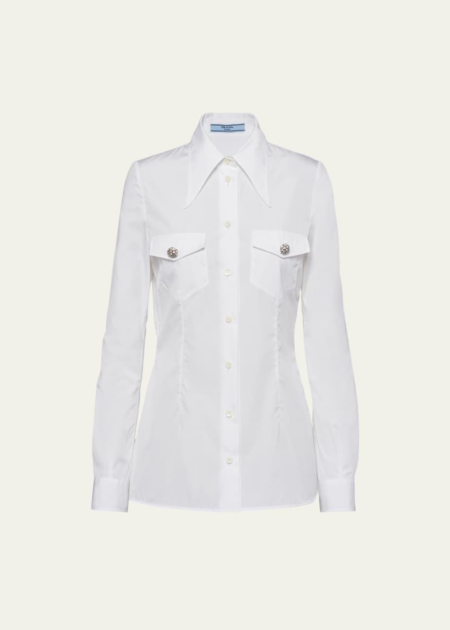 Image 1 of 1: Poplin Long-Sleeve Top with Crystal Buttons