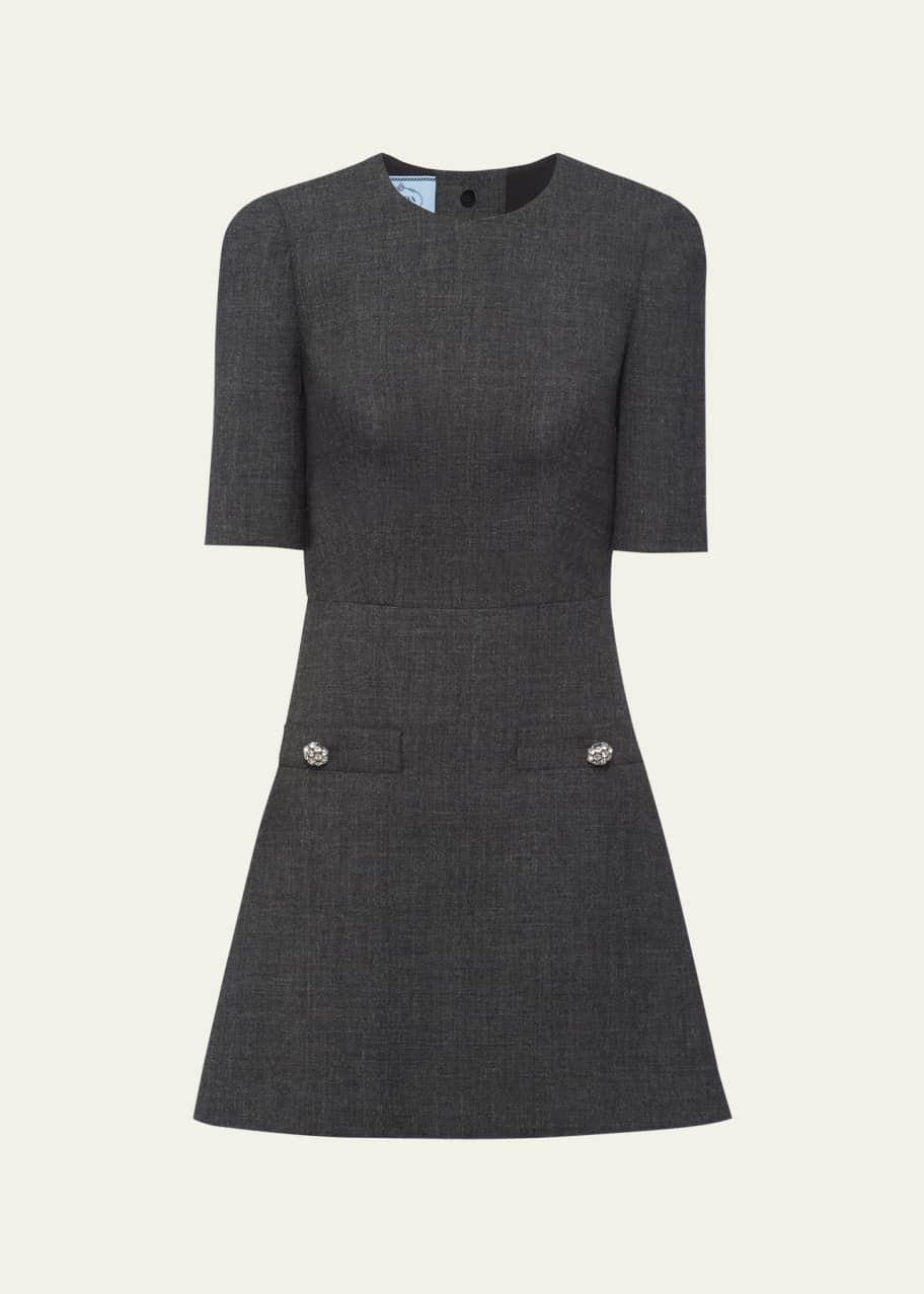 Image 1 of 1: Matt Wool Mini Dress with Crystal Buttons