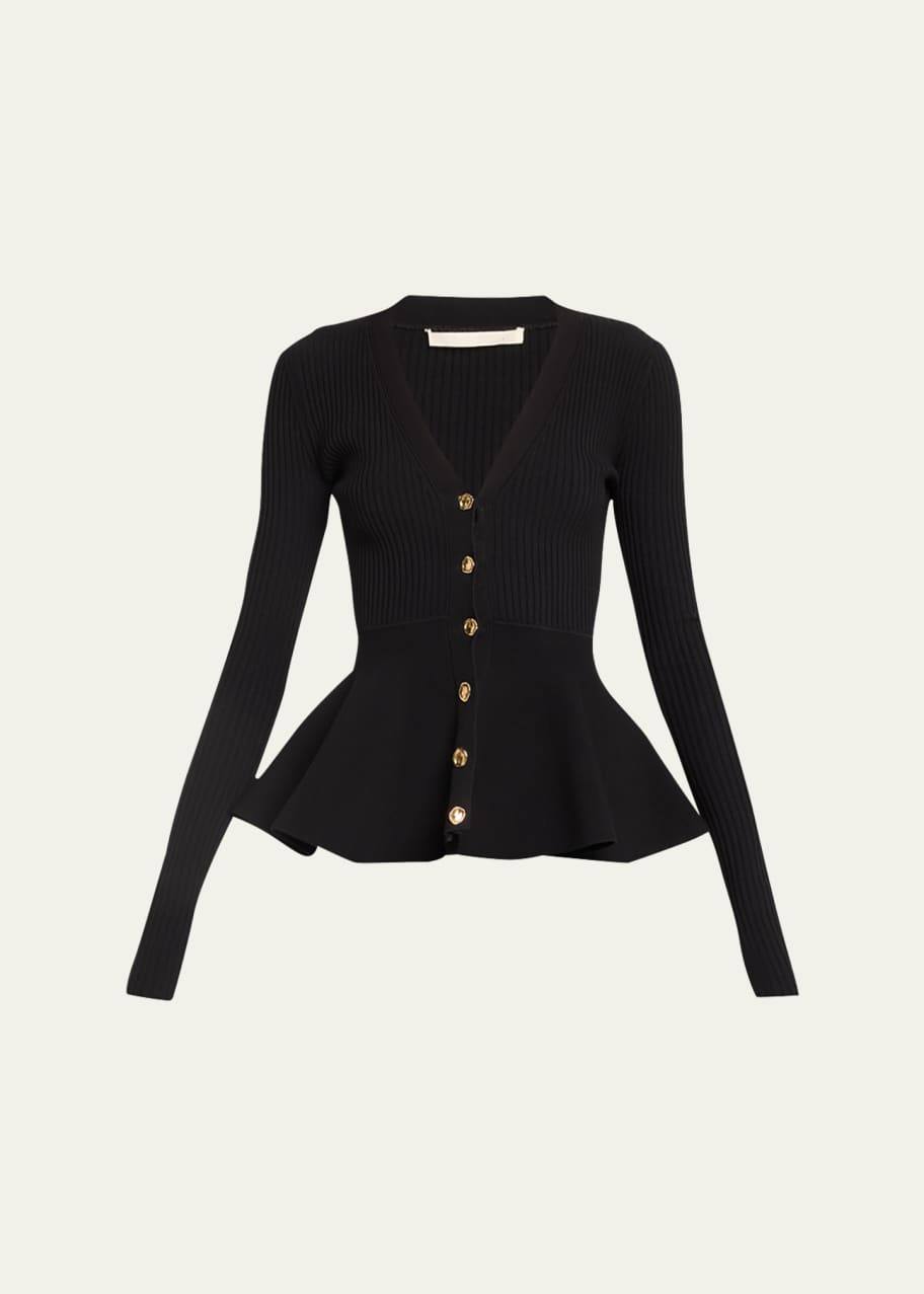 Image 1 of 1: Ribbed Peplum Cardigan with Gold-Tone Buttons