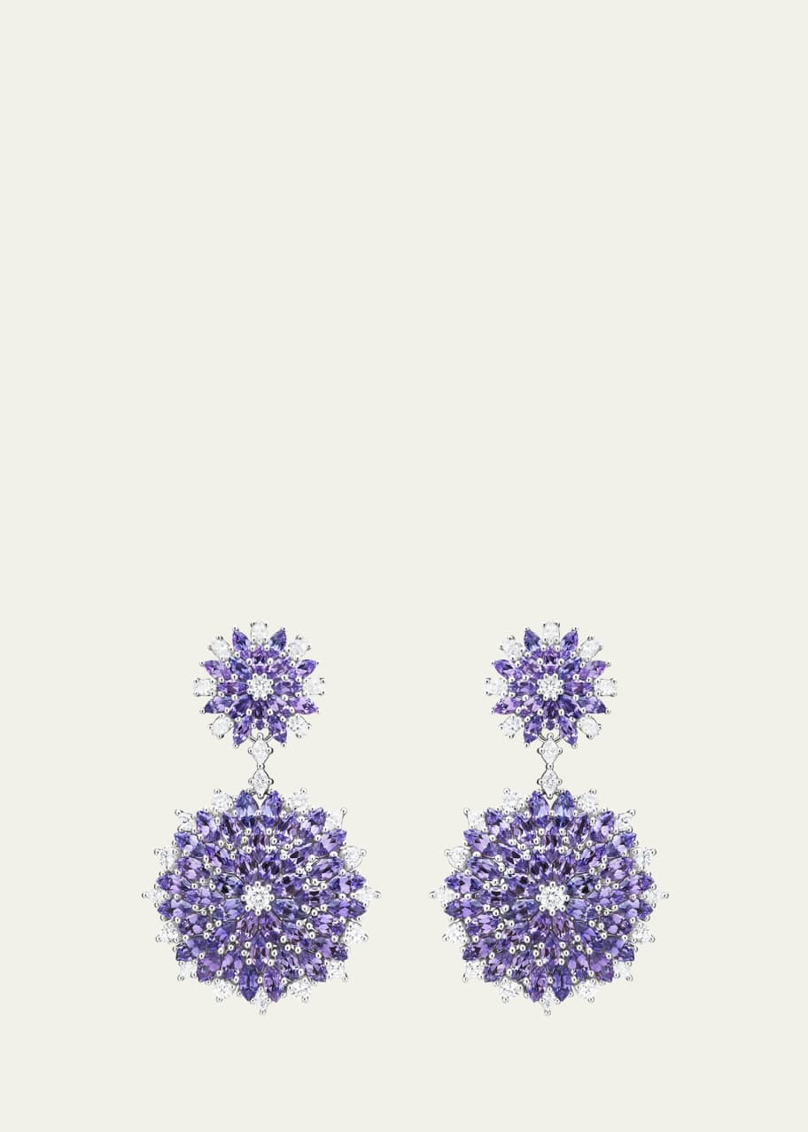 Image 1 of 1: 18K White Gold Dahlia Double Dangle Earrings with Diamonds and Purple Sapphires