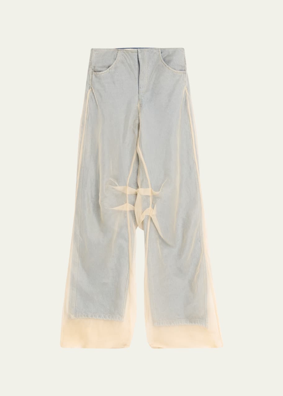 Image 1 of 1: Wide-Leg Denim Jeans with Silk Parchment Overlay