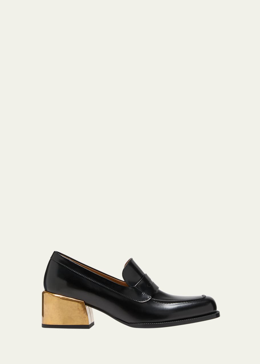 Image 1 of 1: Leather Metallic-Heeled Penny Loafers