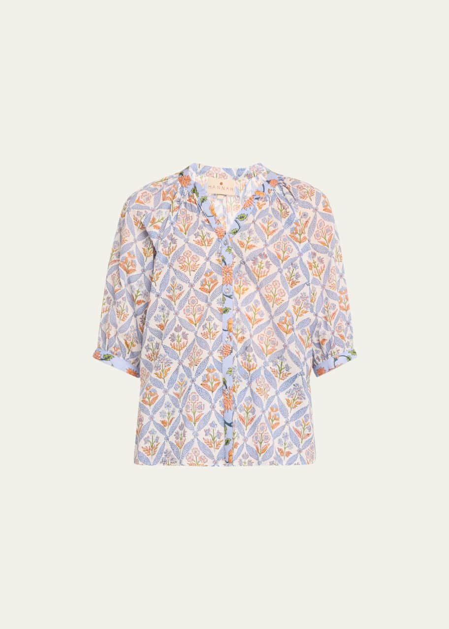 Image 1 of 1: Lena Floral Cotton Button-Front Blouse