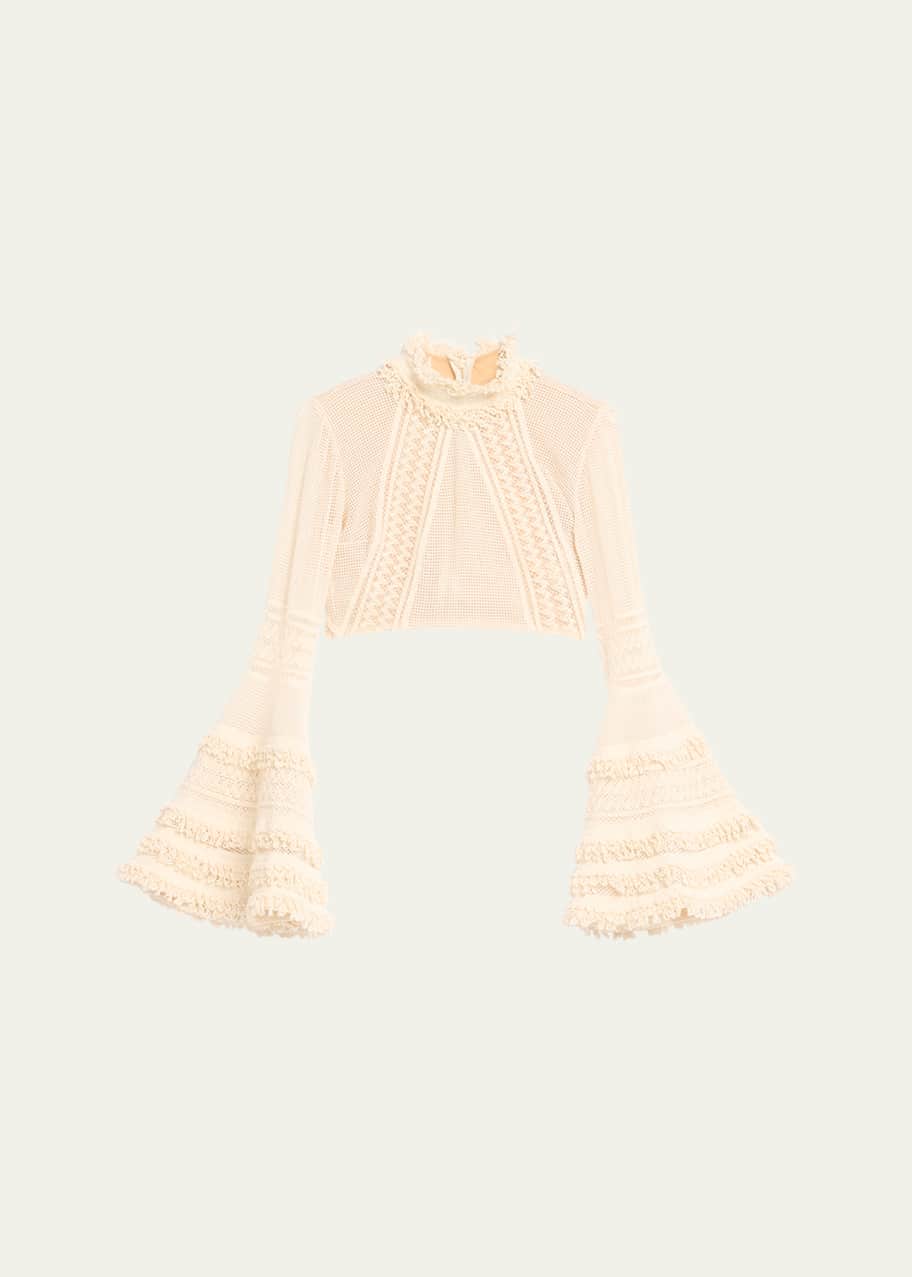 Image 1 of 1: Woven Bell-Sleeve High-Neck Crop Top