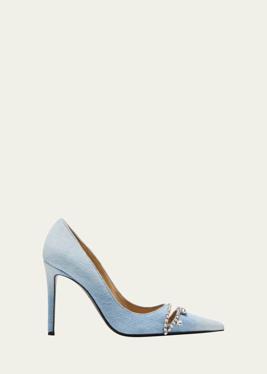 Image 1 of 1: Denim Crystal Cutout Stiletto Pumps