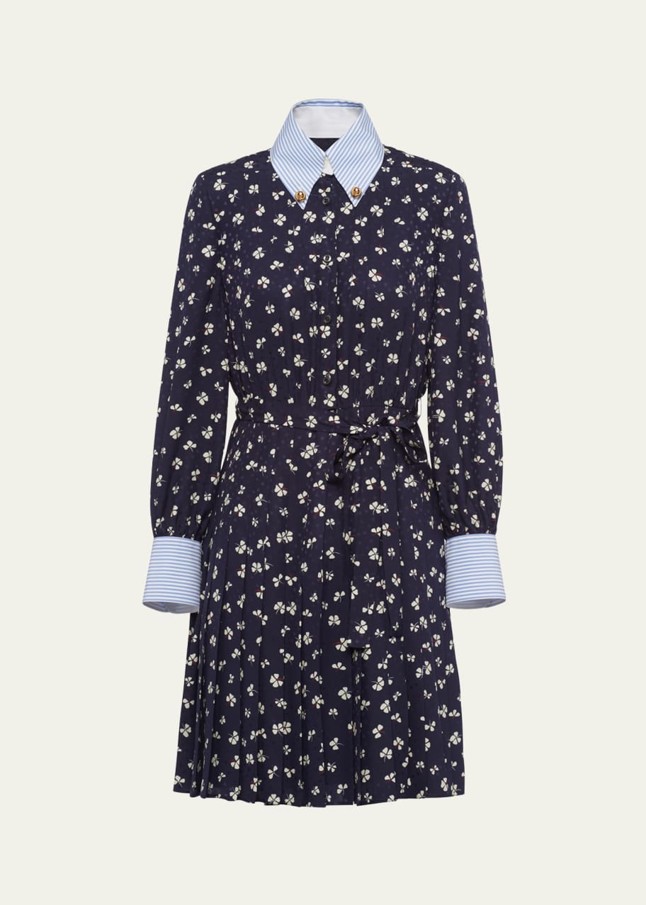 Prada Jacquard Flower Pleated Belted Mini Dress - Bergdorf Goodman