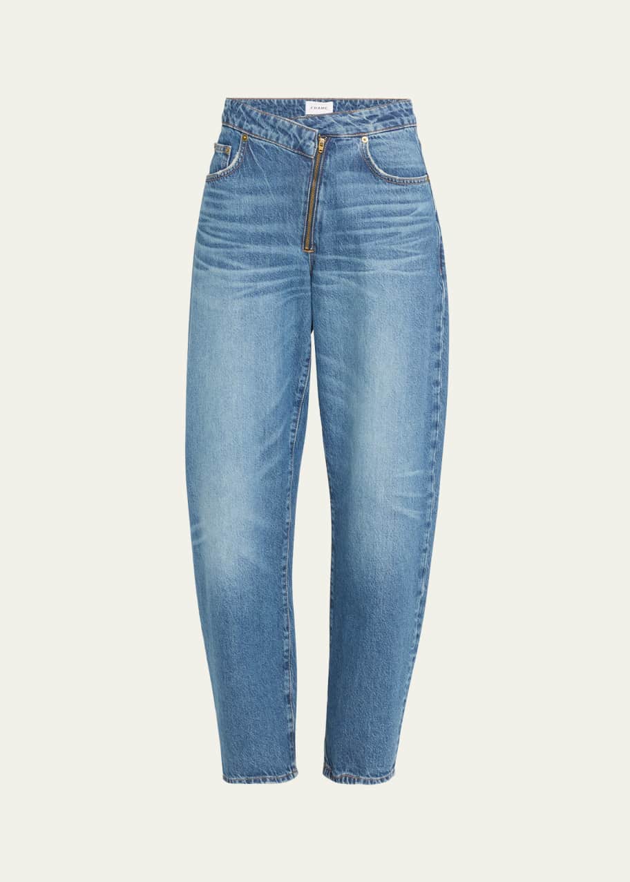 Image 1 of 1: Angled-Zip Long Barrel Jeans