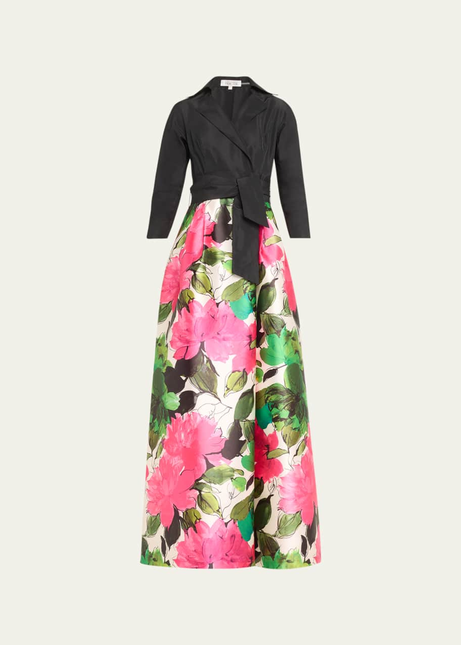 Image 1 of 1: 3/4-Sleeve Floral-Print Taffeta Shirt Gown