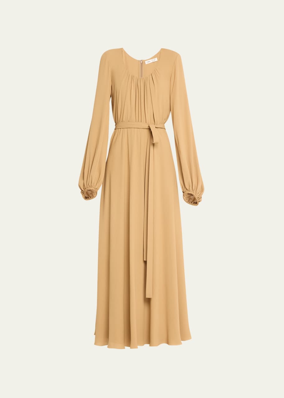Image 1 of 1: x Atelier Jolie Scoop-Neck Long-Sleeve Belted Silk Maxi Dress