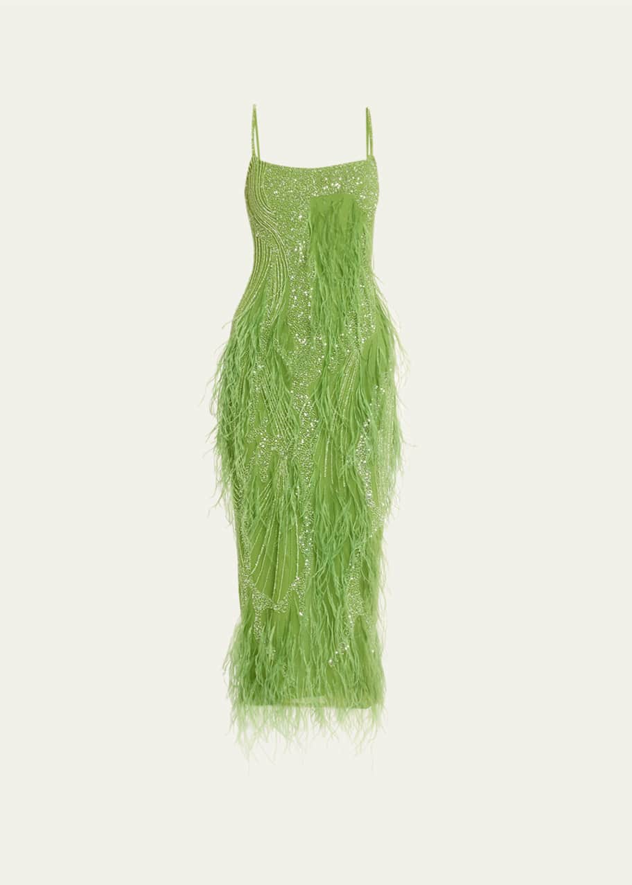 Rachel Gilbert Beaded Feathered Midi Dress - Bergdorf Goodman