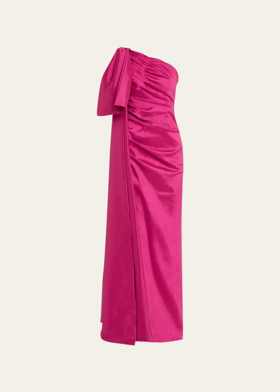 rachel gilbert one shoulder dress Rachel Gilbert Alessandra Ruched One-Shoulder Bow Column Gown