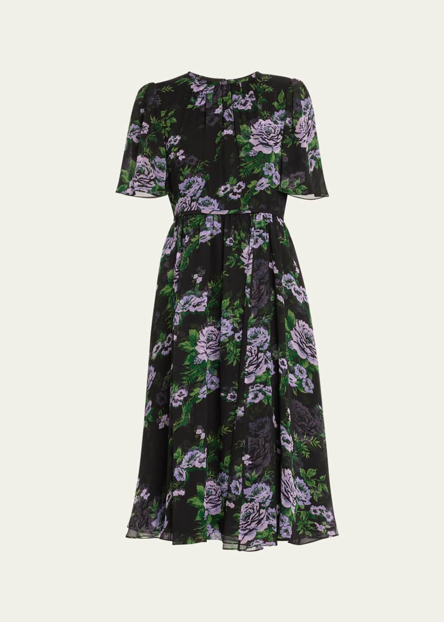 Image 1 of 1: Floral-Print Gathered Silk Chiffon Midi Dress