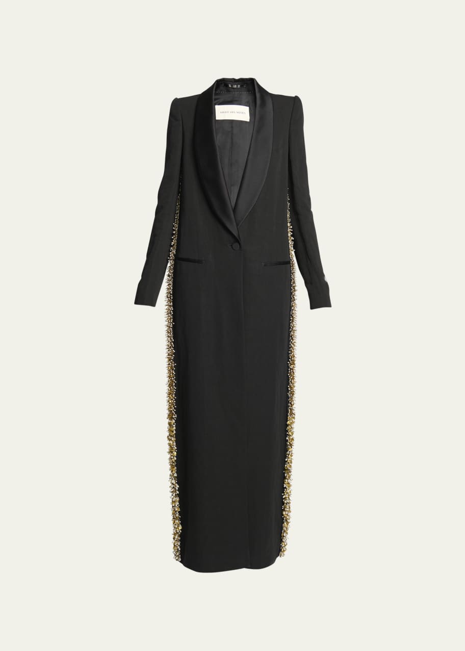 Dries Van Noten Raida Pearly Beaded-Trim Long Tuxedo Coat