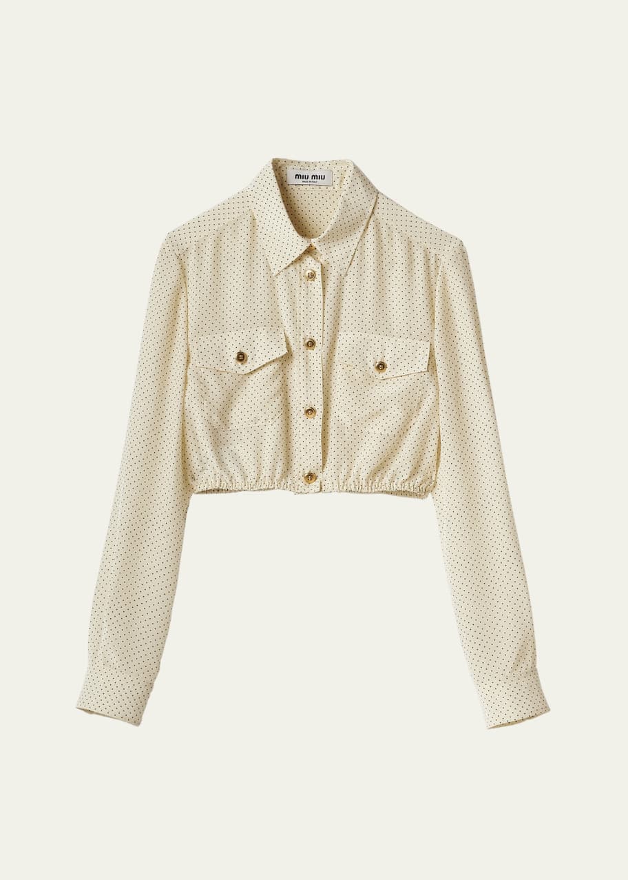 Image 1 of 1: Polka Dot Cropped Button Down Silk Top