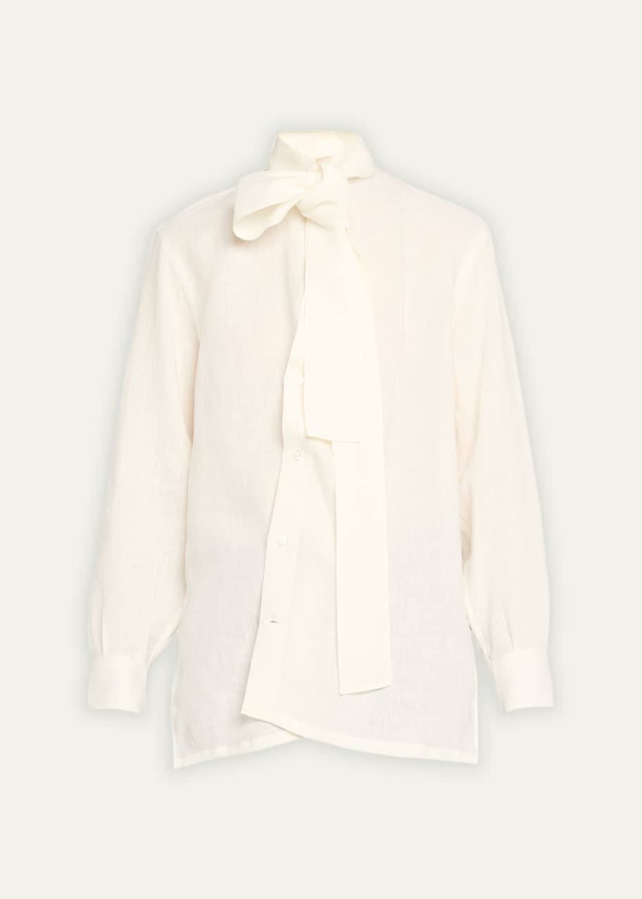 Image 1 of 1: Kimono Neck-Tie Linen Shirt