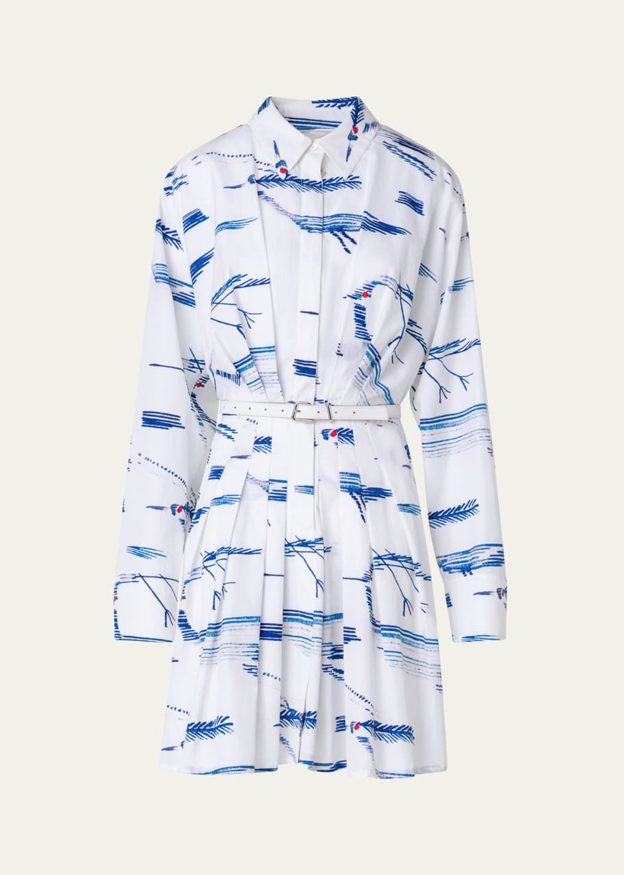 Image 1 of 1: Cotton Poplin Belted Shirtdress in Kasuri Birds Print