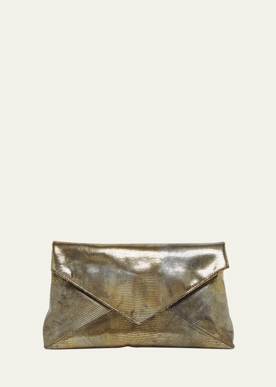 Dries Van Noten Envelope Metallic Lizard-Embossed Clutch Bag