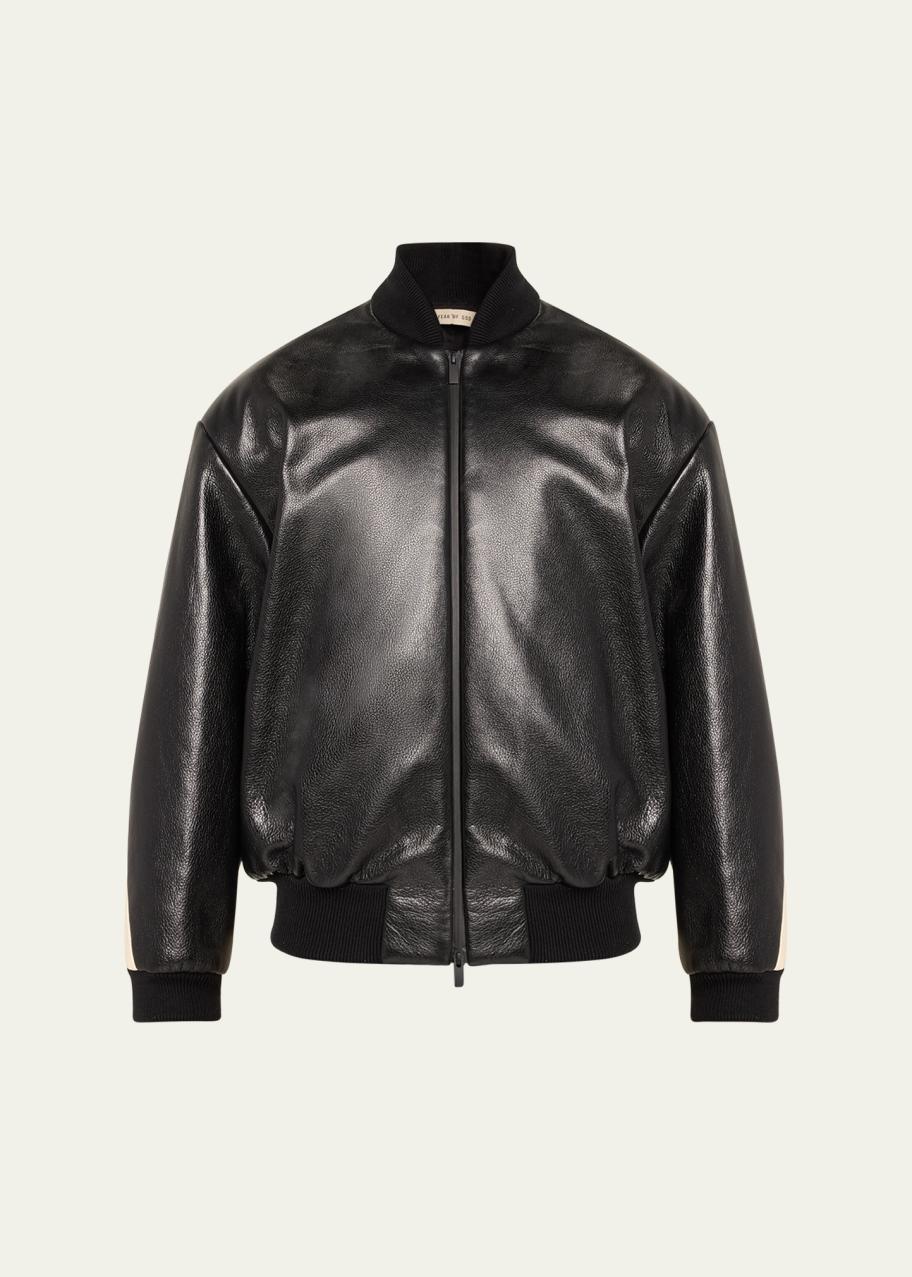 Fear of God Men's Leather Bomber Jacket with Back Stripe