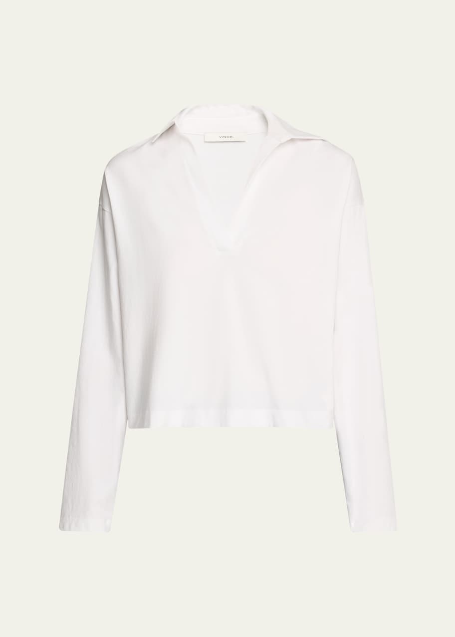 Image 1 of 1: Easy Cotton Long-Sleeve Pullover Polo Top