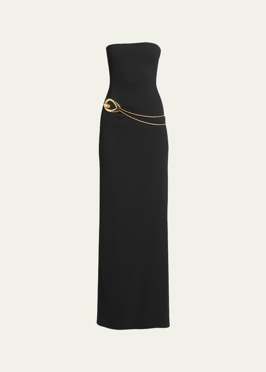 Image 1 of 1: Stretch Sable Strapless Evening Dress with Cutout Detail