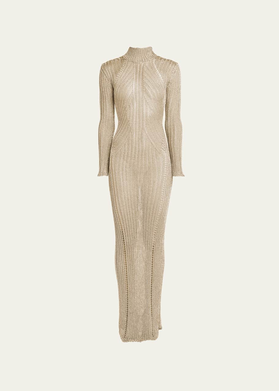 Image 1 of 1: Metallic Knit Turtleneck Long-Sleeve Open-Back Maxi Gown