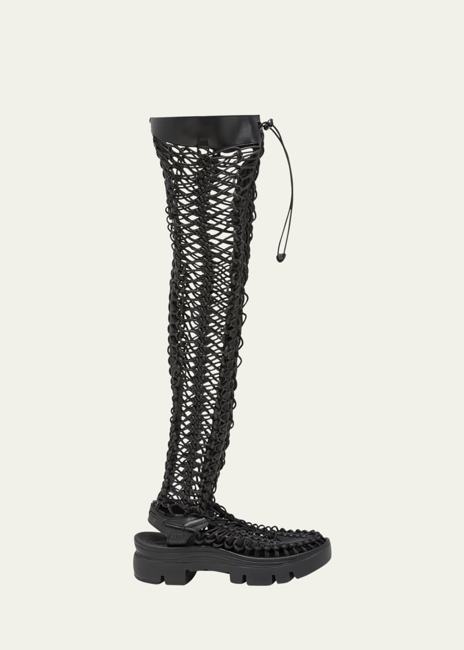 Image 1 of 1: Leather Net Over-The-Knee Lace Boots