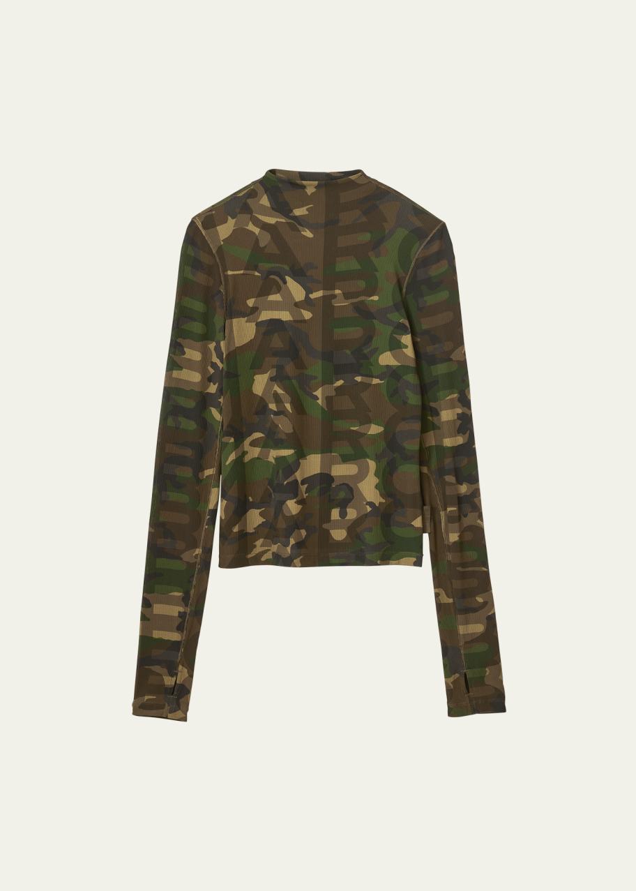 Marc Jacobs Camo Logo-Print Turtleneck Long-Sleeve Sheer Top 