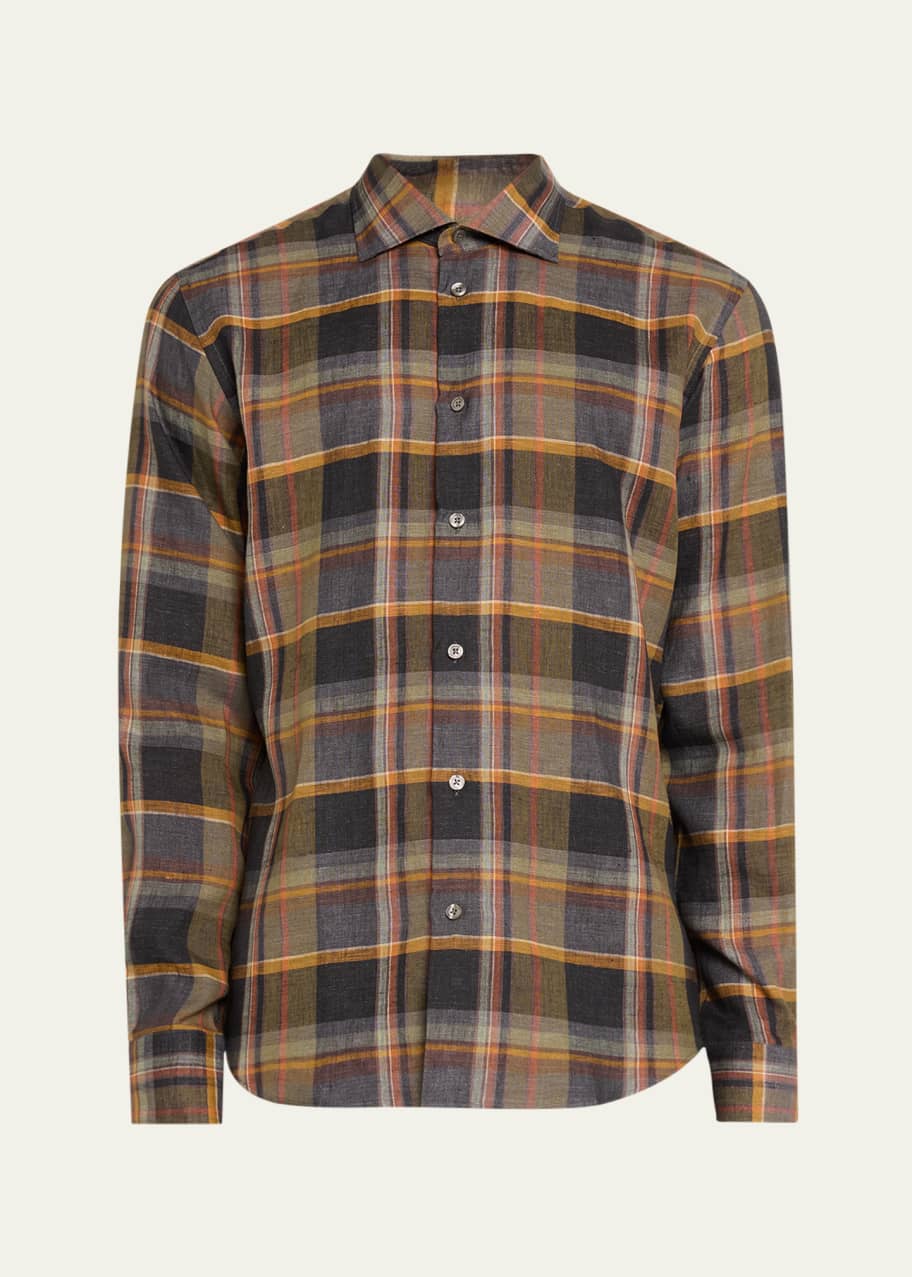 Image 1 of 1: Men's Linen Plaid Casual Button-Down Shirt