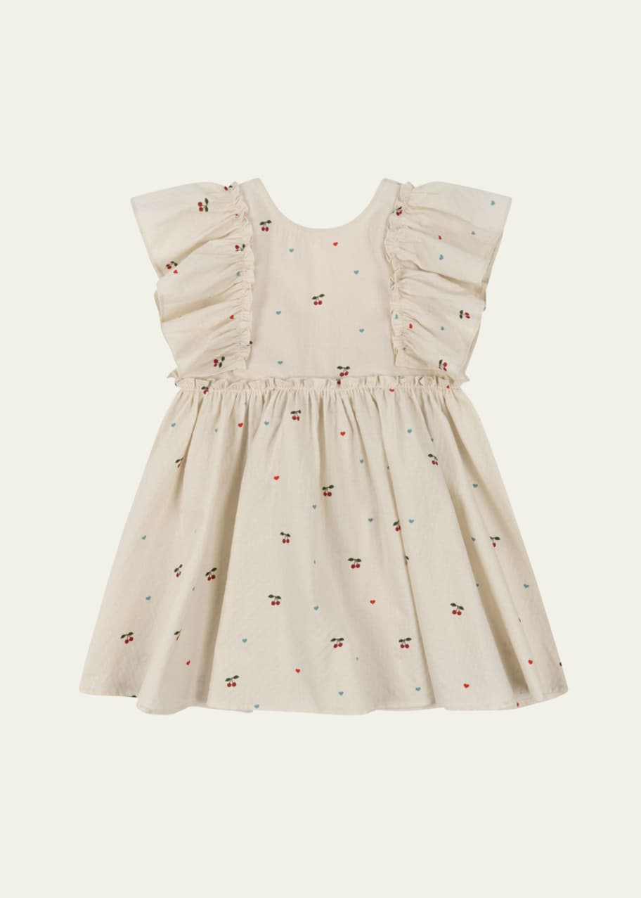 Image 1 of 1: Girl's Evia Bow Flutter-Sleeve Organic Cotton Dress, Size 18M-6