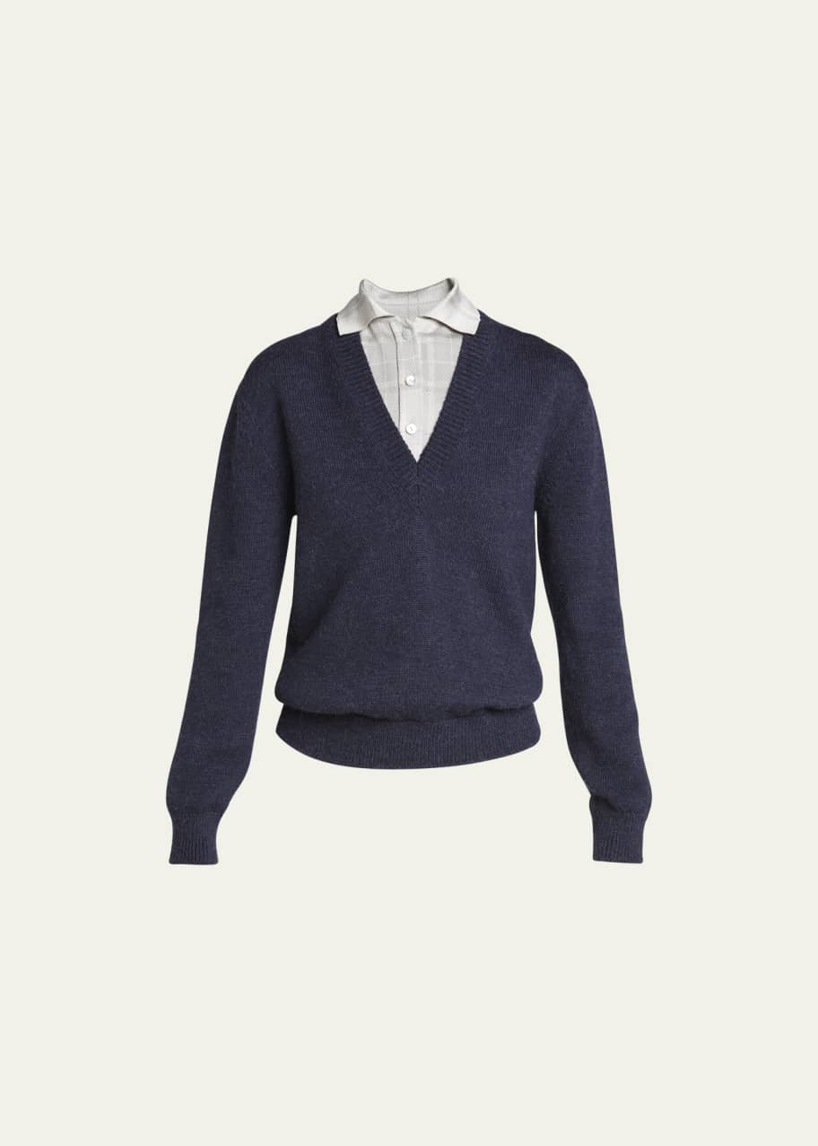 Image 1 of 1: Layered Plaid Shirt Wool Sweater