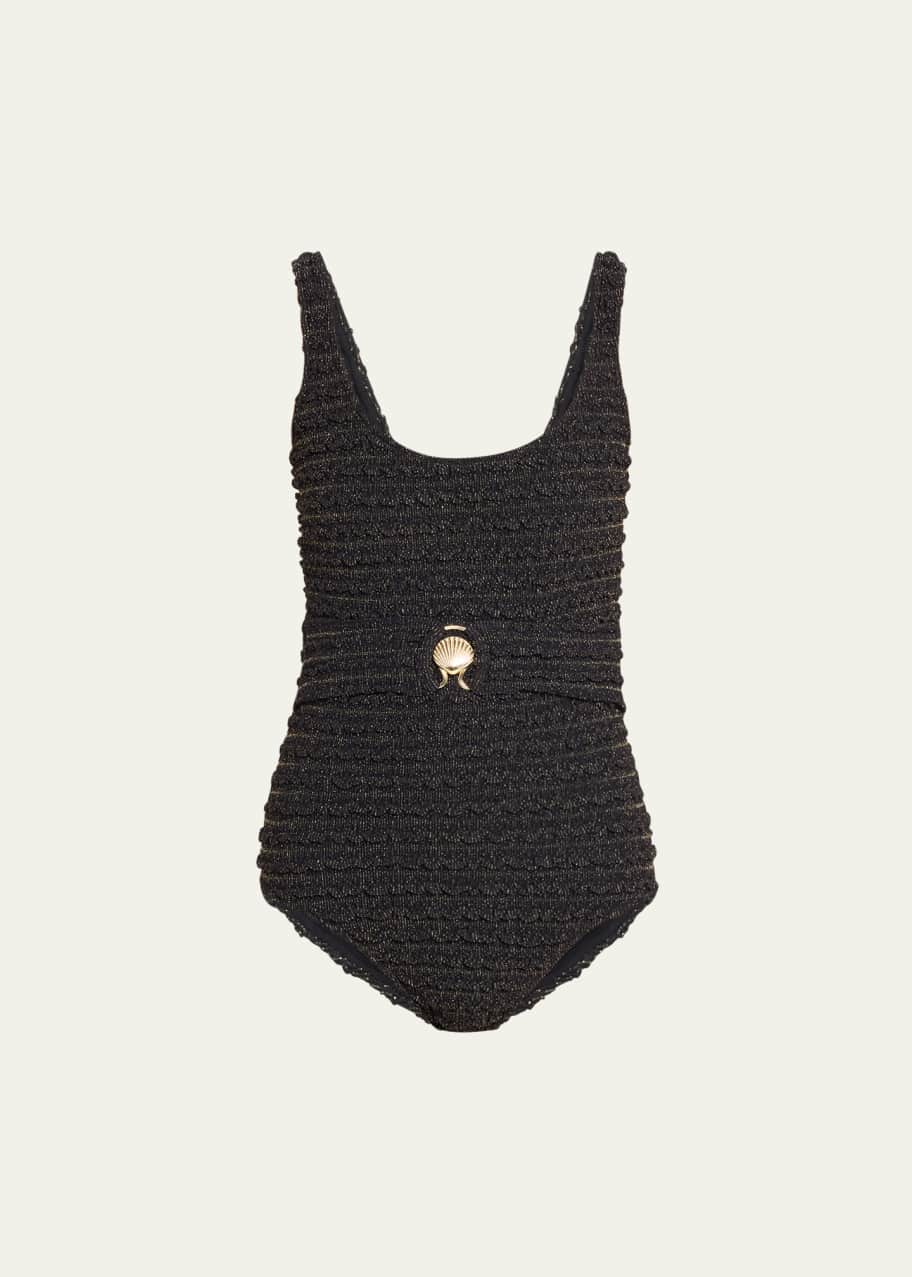 Image 1 of 1: Belted Crinkle Lurex One-Piece Swimsuit