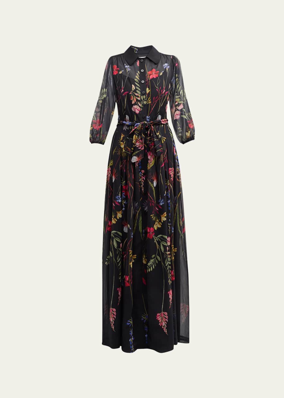Rickie Freeman for Teri Jon Blouson-Sleeve Floral-Print Chiffon Shirt Gown  - Bergdorf Goodman