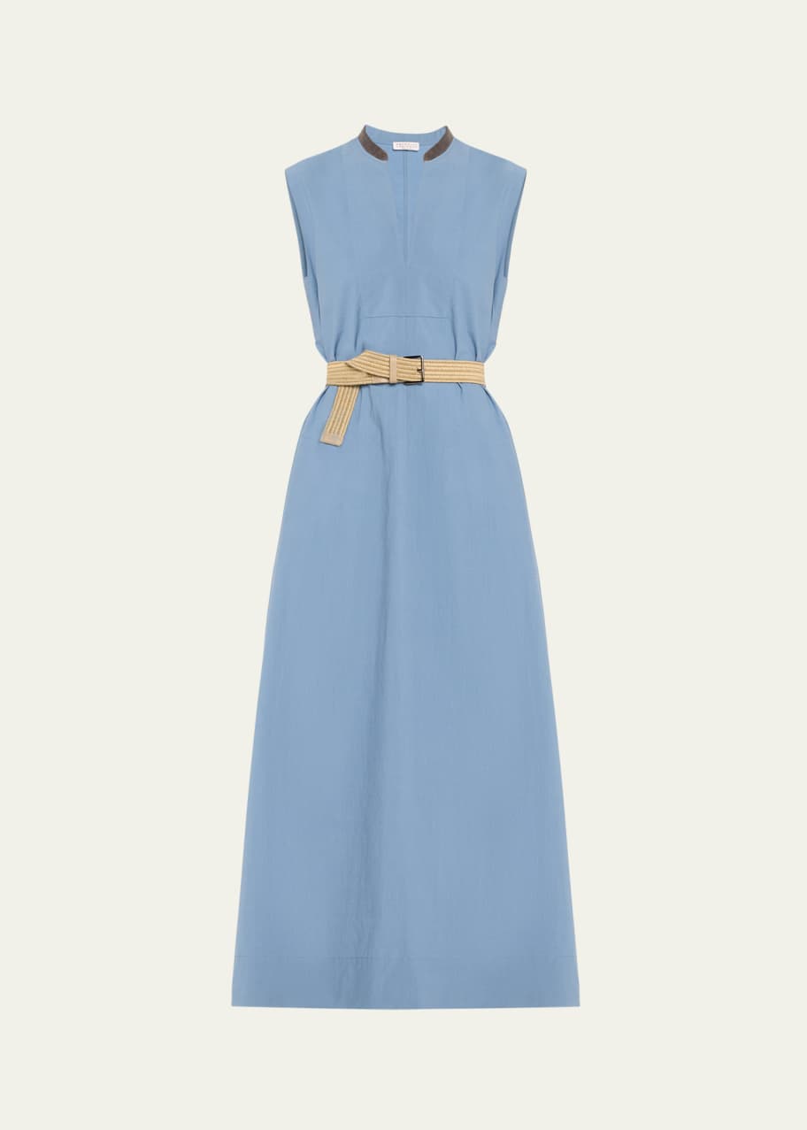 Image 1 of 1: Cotton Poplin Maxi Dress with Raffia Belt