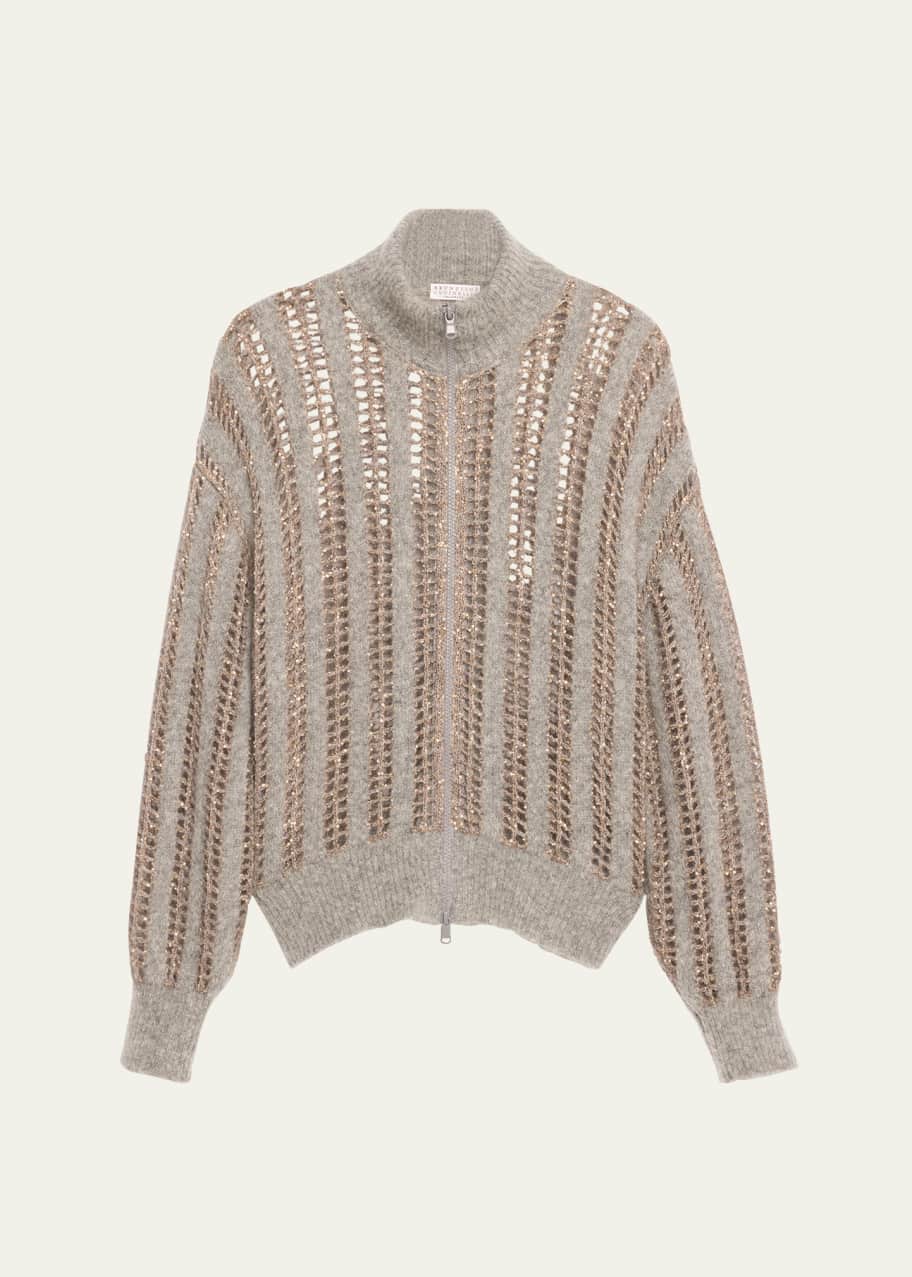 Image 1 of 1: Mohair Wool Lattice Knit Zip-Up Cardigan with Paillette Detail