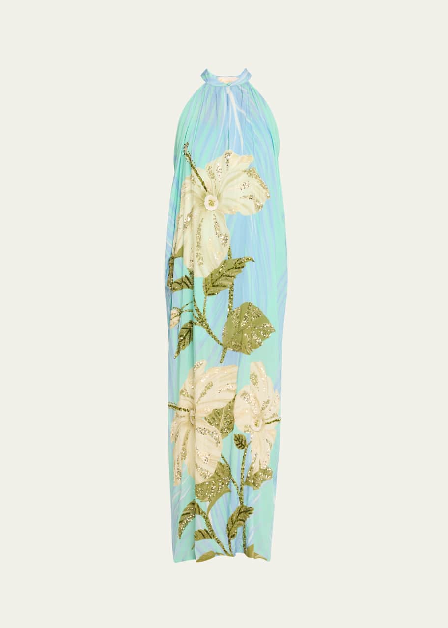 Image 1 of 1: Hand-Beaded Hibiscus Sunset Maxi Dress