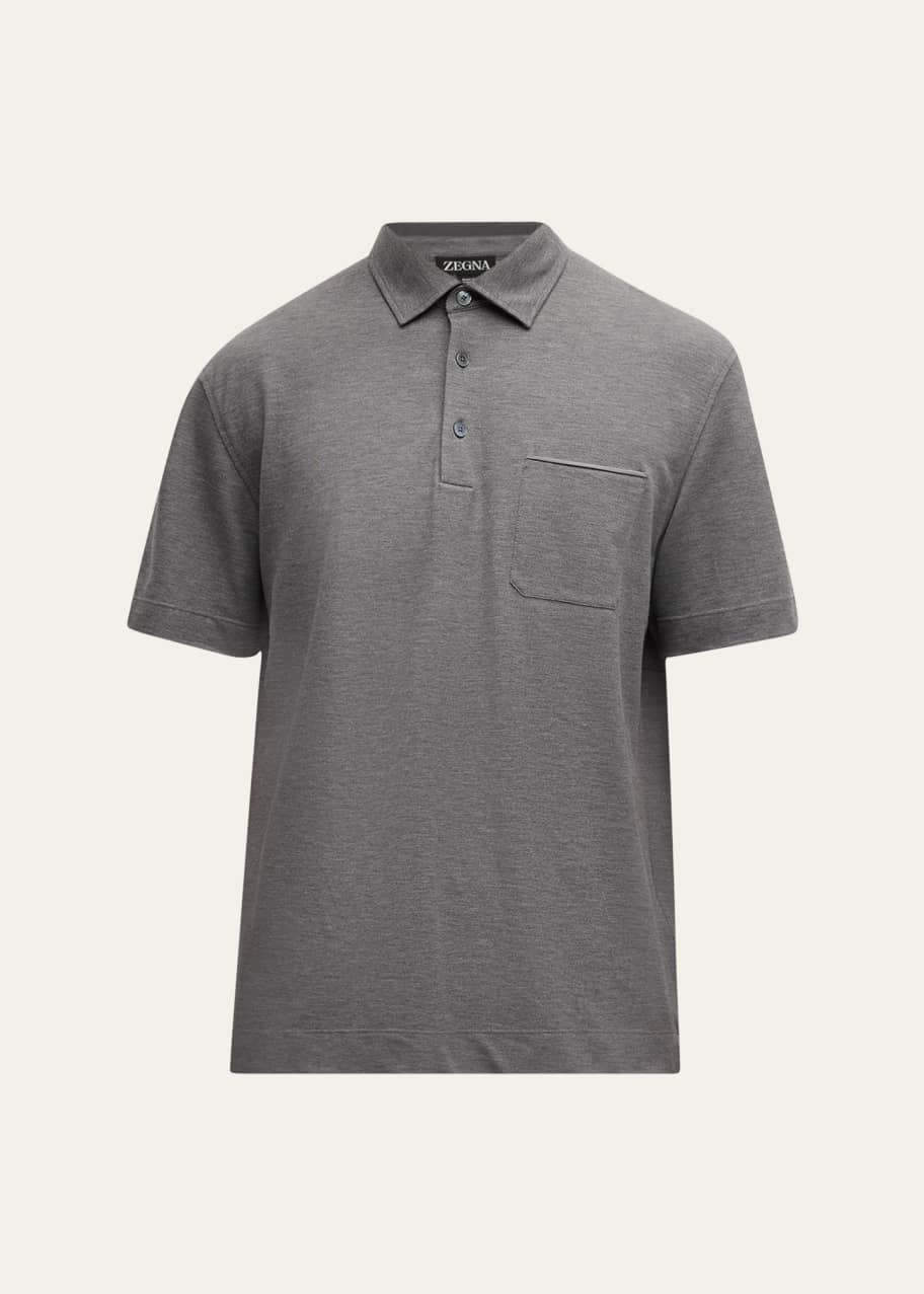 Image 1 of 1: Men's Cotton Polo Shirt with Leather-Trim Pocket