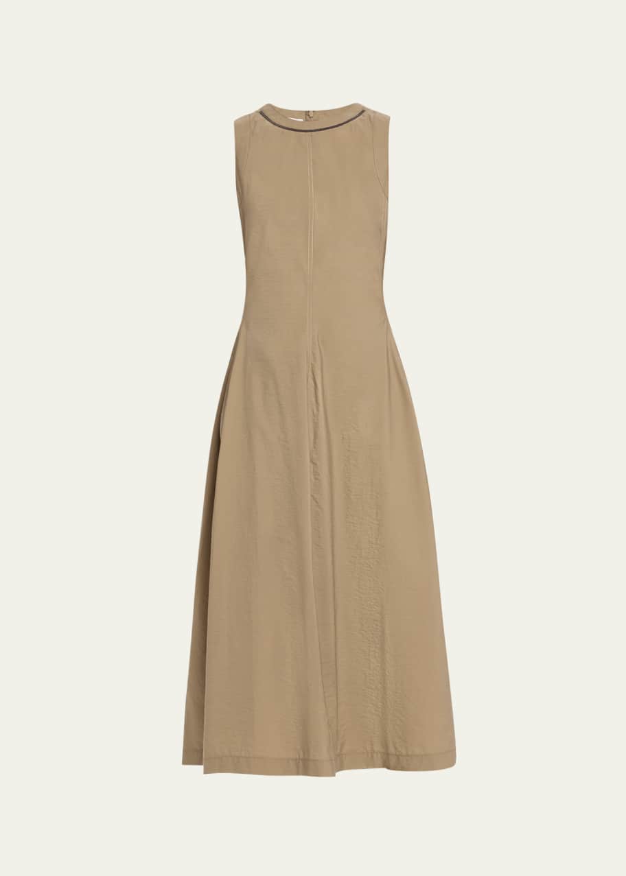 Image 1 of 1: Techno Cotton Popeline Midi Dress with Monili Collar Detail