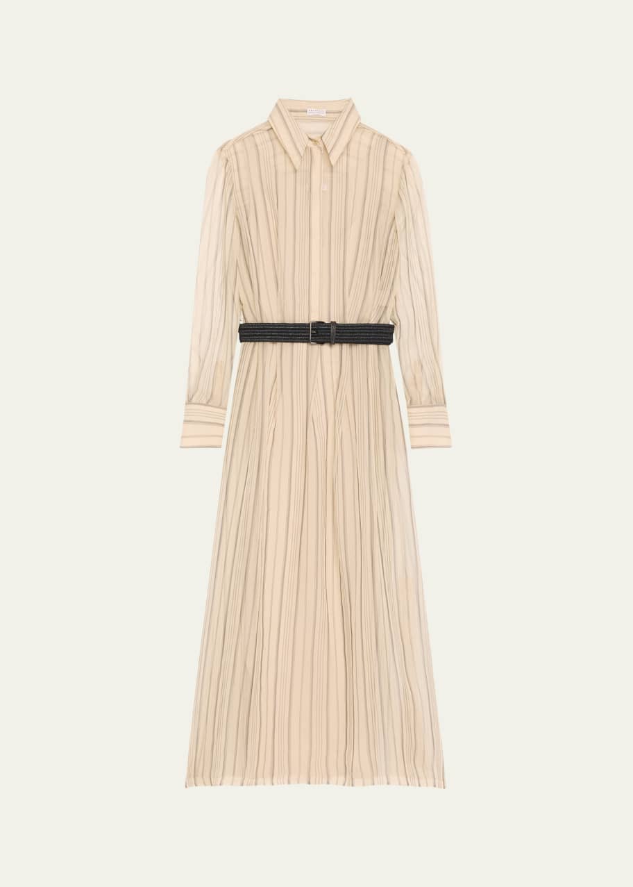 Image 1 of 1: Striped Chiffon Maxi Shirtdress With Monili-Trim Raffia Belt