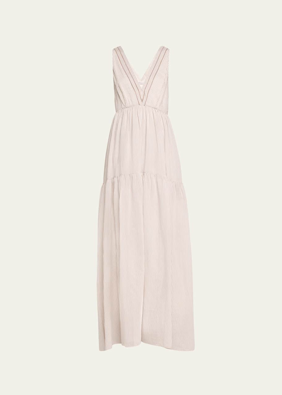 Image 1 of 1: Cotton Silk Striped Maxi Dress with Ruffled Waist and Monili Detail