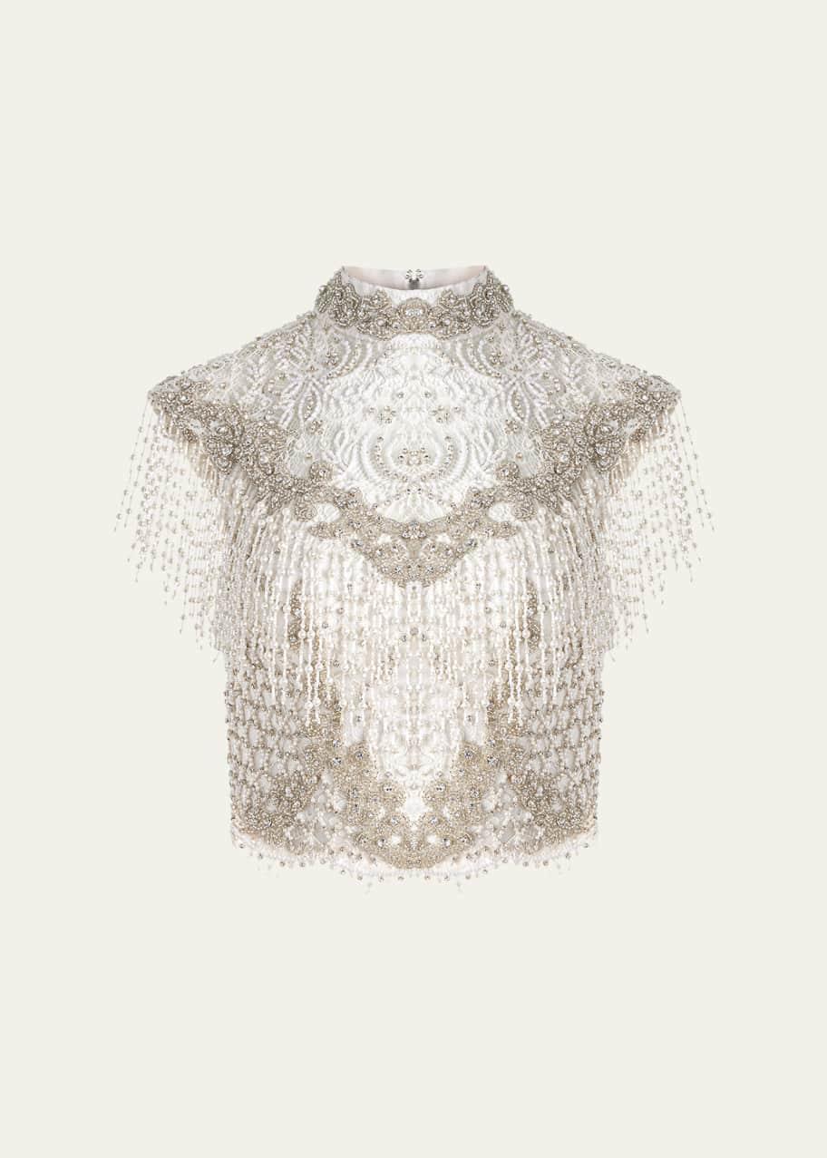 Alice + Olivia Pria Embellished Mock-Neck Fringe Top - Bergdorf