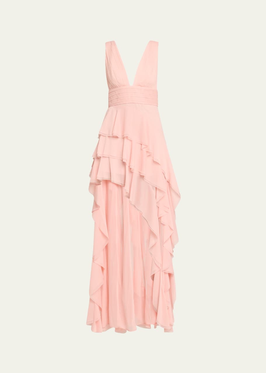 holly asymmetric ruffle maxi dress Tadashi Shoji Leith Gown