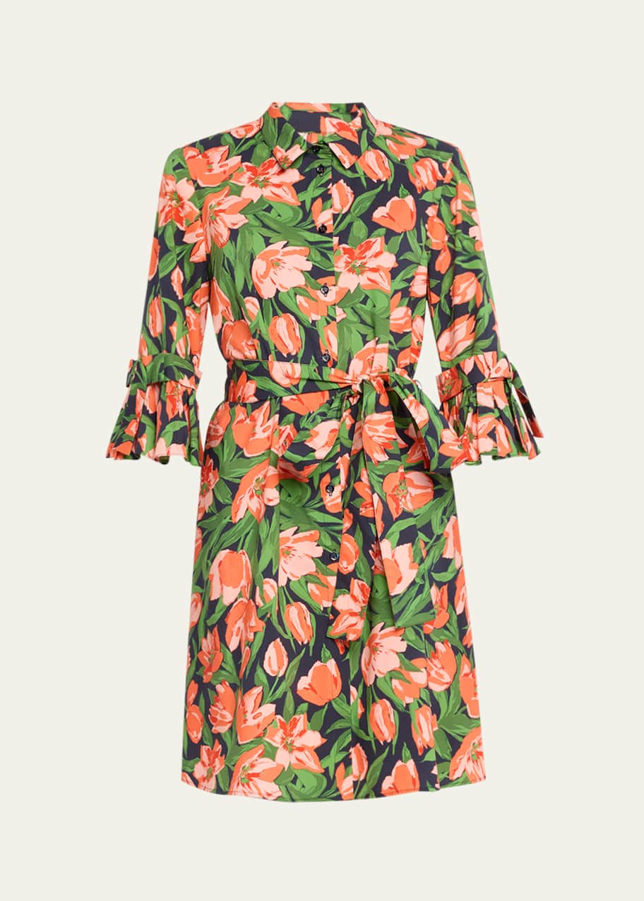 Image 1 of 1: Belted Mini Shirtdress with Bow Flounce Sleeves